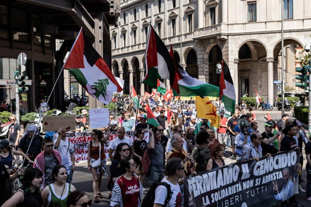 General workers strike in Milan MILAN, ITALY - MAY 29: Hundreds of people holding flags and banners take part in a demonstration against the ongoing wars in Palestine, Lebanon, and Iran, and against public spending on armaments during general workers strike in Milan, Italy, on May 29, 2026. Andrea Carrubba Anadolu Milan Italy. Editorial use only. Please get in touch for any other usage.  Copyright: x2026xAnadoluxAndreaxCarrubbax