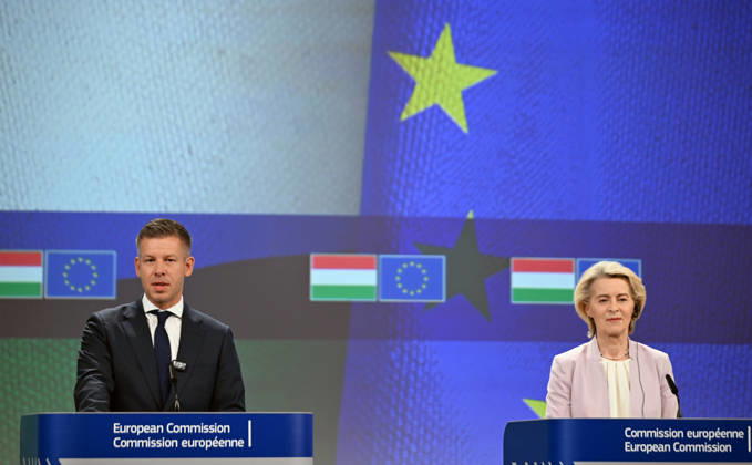 Peter Magyar - Ursula von der Leyen joint press conference in Brussels BRUSSELS, BELGIUM - MAY 29: Hungarian Prime Minister Peter Magyar and European Commission President Ursula von der Leyen hold a joint press conference in Brussels, Belgium, on May 29, 2026. Dursun Aydemir Anadolu Brussels Belgium. Editorial use only. Please get in touch for any other usage. Copyright: x2026xAnadoluxDursunxAydemirx