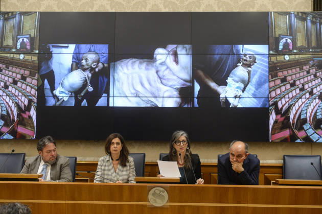IPA85160291 - Rome Senate presentation of UN special rapporteur s report on the occupied Palestinian territories, pictured Dario Carotenuto Laura Boldrini Francesca Albanese Peppe De Cristofaro in the background pictures from Gaza  Copyright: xSTEFANOxCAROFEIx xSTEFANOxCAROFEIx xFOTOGRAMMAx 85160291