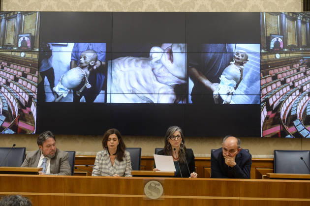 IPA85160294 - Rome Senate presentation of UN special rapporteur s report on the occupied Palestinian territories, pictured Dario Carotenuto Laura Boldrini Francesca Albanese Peppe De Cristofaro in the background images from Gaza  Copyright: xSTEFANOxCAROFEIx xSTEFANOxCAROFEIx xFOTOGRAMMAx 85160294