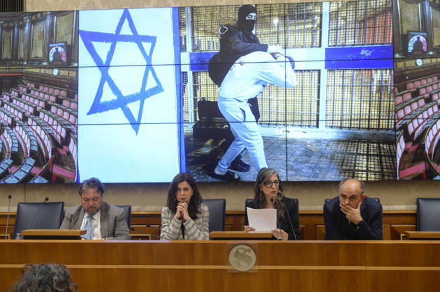 IPA85160297 - Rome Senate presentation of UN special rapporteur s report on the occupied Palestinian territories, pictured Dario Carotenuto Laura Boldrini Francesca Albanese Peppe De Cristofaro in the background pictures from Gaza  Copyright: xSTEFANOxCAROFEIx xSTEFANOxCAROFEIx xFOTOGRAMMAx 85160297