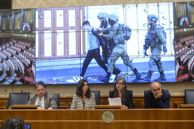 IPA85160305 - Rome Senate presentation of UN special rapporteur s report on the occupied Palestinian territories, pictured Dario Carotenuto Laura Boldrini Francesca Albanese Peppe De Cristofaro in the background pictures from Gaza  Copyright: xSTEFANOxCAROFEIx xSTEFANOxCAROFEIx xFOTOGRAMMAx 85160305