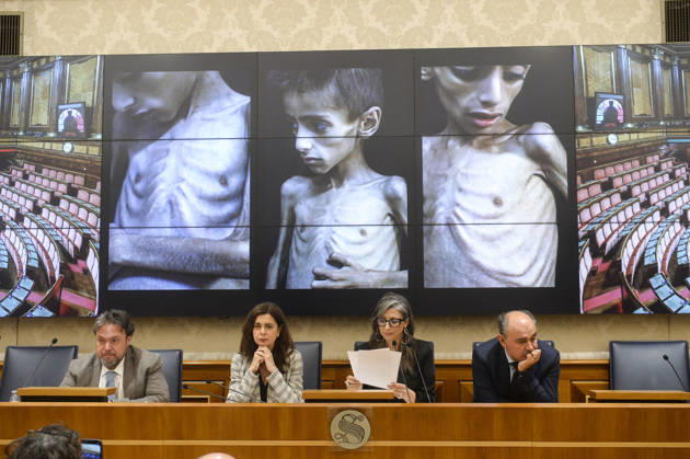 IPA85160315 - Rome Senate presentation of UN special rapporteur s report on the occupied Palestinian territories, pictured Dario Carotenuto Laura Boldrini Francesca Albanese Peppe De Cristofaro in the background images from Gaza  Copyright: xSTEFANOxCAROFEIx xSTEFANOxCAROFEIx xFOTOGRAMMAx 85160315