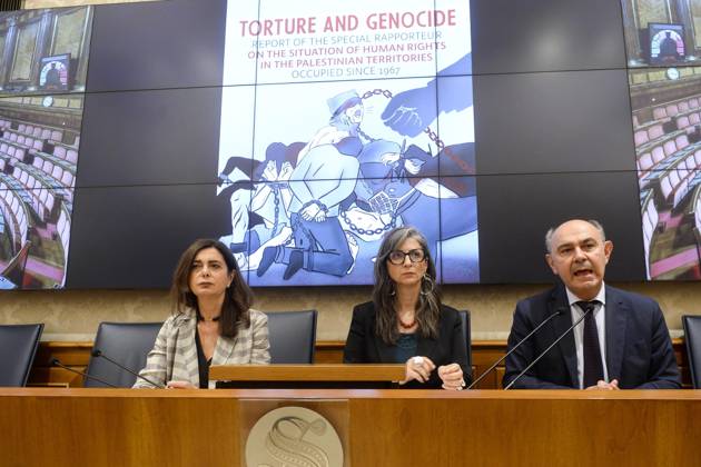 Foto IPP Marco Mattei Roma 29 05 2026 Senato presentazione del rapporto della relatrice speciale ONU sui territori palestinesi occupati, nella foto Laura Boldrini Francesca Albanese Peppe De Cristofaro Italy Photo Press - World Copyright .