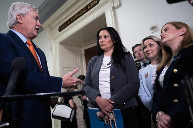 Bondi Deposition TW UNITED STATES - MAY 29: Chairman James Comer, R-Ky., talks with Jeffrey Epstein survivors from left, Sharlene Rochard, Dani Bensky, and Liz Stein, before former Attorney General Pam Bondi sat for a House Oversight and Government Reform Committee deposition about the Epstein files, in Rayburn building on Friday, May 29, 2026. (Tom Williams CQ Roll Call) Washington DC United States EDITORIAL USE ONLY Copyright: x2026xCQ-RollxCall,xInc.x TomxWilliamsx rollcallpix171252