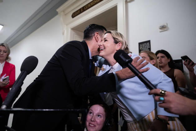 Bondi Deposition TW UNITED STATES - MAY 29: Ranking member Rep. Robert Garcia, D-Calif., greet Jeffrey Epstein survivor Dani Bensky before former Attorney General Pam Bondi sat for a House Oversight and Government Reform Committee deposition about the Epstein files, in Rayburn building on Friday, May 29, 2026. (Tom Williams CQ Roll Call) Washington DC United States EDITORIAL USE ONLY Copyright: x2026xCQ-RollxCall,xInc.x TomxWilliamsx rollcallpix171254