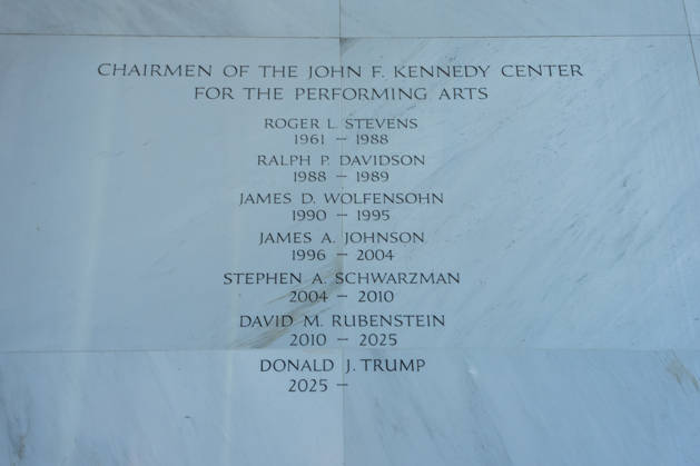 A list Kennedy Center Chairmen is seen in the Donald J. Trump and John F. Kennedy Center for the Performing Arts in Washington, DC on Friday, May 29, 2026. A federal judge ruled that President Trump overstepped his authority by renaming the Kennedy Center after himself, ordering Trump s name to be removed and reversing a decision to close the performing arts center for renovations.  WAP20260529136 AARONxSCHWARTZ