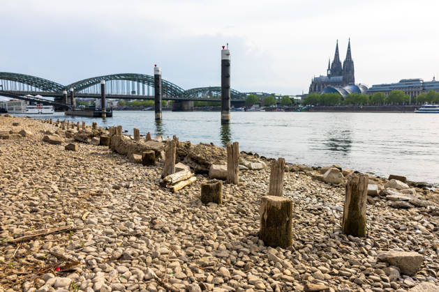 Niedrigwasser in Köln 29.05.2026 Niedrigwasser am Rhein in Köln-Deutz: Bei einem Rheinpegel von 148 cm am Pegel Köln sind am rechtsrheinischen Ufer Kiesflächen und alte Holzpfähle freigelegt. Die Holzpfähle werden bei Niedrigwasser sichtbar; ihre genaue historische Zuordnung gilt als nicht eindeutig. Im Hintergrund sind der Kölner Dom und die Hohenzollernbrücke zu sehen. Köln Deutz Nordrhein-Westfalen Deutschland Copyright: xMarcxJohnx