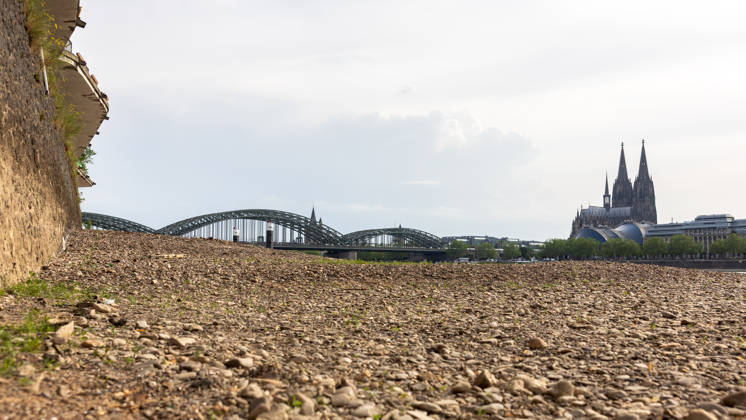 Niedrigwasser in Köln 29.05.2026 Niedrigwasser am Rhein in Köln-Deutz: Bei einem Rheinpegel von 148 cm am Pegel Köln ist das rechtsrheinische Ufer großflächig trockengefallen. Der niedrige Wasserstand legt Kies- und Sandflächen frei; im Hintergrund sind der Kölner Dom und die Hohenzollernbrücke zu sehen. Köln Deutz Nordrhein-Westfalen Deutschland Copyright: xMarcxJohnx
