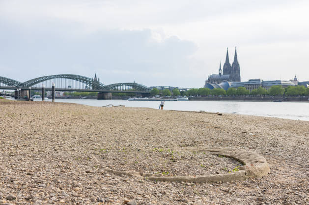 Niedrigwasser in Köln 29.05.2026 Niedrigwasser am Rhein in Köln-Deutz: Bei einem Rheinpegel von 148 cm am Pegel Köln ist das rechtsrheinische Ufer großflächig trockengefallen. Der niedrige Wasserstand legt Kies- und Sandflächen frei; im Hintergrund sind der Kölner Dom und die Hohenzollernbrücke zu sehen. Köln Deutz Nordrhein-Westfalen Deutschland Copyright: xMarcxJohnx