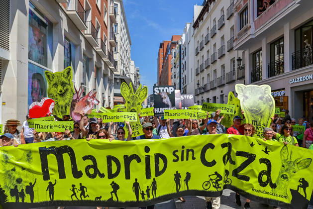 May 30, 2026, Madrid, Madrid, SPAIN: Participants attend the Madrid Without Hunting demonstration held in Callao Square, Madrid, advocating for wildlife protection and promoting urban spaces free from hunting activities. Madrid SPAIN - ZUMAz108 20260530_znp_z108_004 Copyright: xRichardxZubelzux