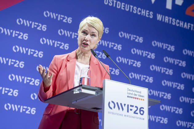 Manuela Schwesig - OWF26 EUR, Deutschland, Berlin, 31.05.2026: Keynote von Manuela Schwesig (SPD) Ministerpräsidentin des Landes Mecklenburg Vorpommern zur Konferenz des Ostdeutschen Wirtschaftsforum unter dem Leitgedanken Eine neue (Un)Ordnung, welche Rolle spielt Deutschland und Europa im globalen Systemwettbewerb? Ostdeutschland steht dabei im Mittelpunkt als Region. Die Transformation im Gespräch zwischen Politik, Wirtschaft und Gesellschaft