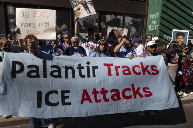 June 3, 2026, New York, New York, USA: During Palantir TechnologiesÃ¢â‚¬â ¢ Annual Meeting of Stockholders immigration advocates, family members of those deported and detained, faith leaders, union members and allies rally outside the tech company s office in Manhattan s Chelsea neighborhood denouncing PalantirÃ¢â‚¬â ¢s partnership with U.S. Immigration and Customs Enforcement (ICE) and the US Department of Defense and its role providing software aiding President Trump s mass deportation agenda. Protesters hold signs with photos of people detained and deported and signs and banners that read Palantir Tracks ICE Attacks NO BLOOD MONEY FROM PALANTIR. Attendees stand in support of the Congregation of the Sisters of St. Joseph of Peace who - ZUMAr174 20260603_znp_r174_020 Copyright: xGinaxMxRandazzox
