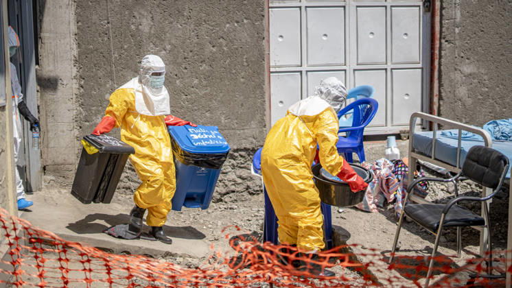 (260604) -- GOMA, June 4, 2026 () -- Medical workers clean up at an Ebola treatment center in Goma, the Democratic Republic of the Congo (DRC), on June 4, 2026. TO GO WITH Roundup: DR Congo s Ebola cases hit 363, as Uganda reports 4 recoveries () DR CONGO-GOMA-EBOLA OUTBREAK-WHO Xinhua 