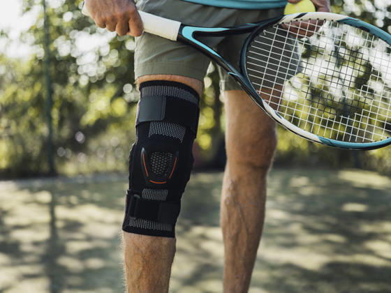 Tennis player wearing knee brace holding racket and ball outdoors model released, Symbolfoto, MFF10149