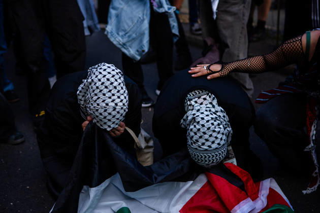 June 5, 2026, Berlin, Berlin, Germany: Two Palestinian demonstrators break down in tears while listening to testimonies from victims in Gaza during the 2026 Naksa Day demonstration in Berlin, as a third person tries to comfort them. Berlin Germany - ZUMAc291 20260605_zip_c291_006 Copyright: xMariaxCastrox