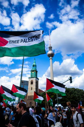 June 5, 2026, Berlin, Berlin, Germany: Demonstrators gather in Berlin during Naksa Day commemorations. In the photo, the TV Tower can be seen alongside a flag bearing the message Ã¢â‚¬ËœFree Palestine. Berlin Germany - ZUMAc291 20260605_zip_c291_007 Copyright: xMariaxCastrox