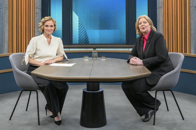 im Bild v.l.: Caren Miosga, Bärbel Bas (SPD), Parteivorsitzende, Bundesministerin für Arbeit und Soziales GER, Berlin, Studio, zu Gast bei - Caren Miosga, Polittalk, TV, Format, Aufzeichnung, Live, Das Erste, aus Adlershof - am Studio 20, Thema: Ist die SPD bereit für große Reformen, Frau Bas?, 07.06.2026, Copyright: HMBxMedia UwexKoch