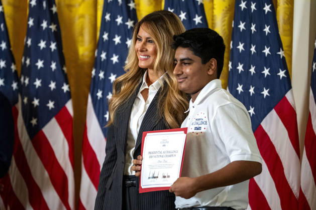 First Lady Melania Trump poses with winners of the Presidential AI Regional Challenge in the East Room of the White House in Washington, DC on Tuesday, June 9, 2026. The challenge recognizes both student and educator teams who designed AI-based solutions for community challenges.  WAP20260609388 BONNIExCASH