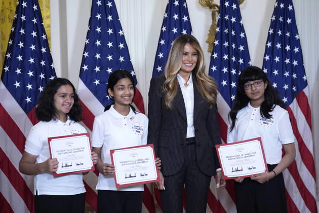 Melania Trump on AI champions awards - Washington US First lady Melania Trump participates in the Presidential Artificial Intelligence Challenge National Champion Awards Ceremony in the East Room at the White House in Washington on June 9, 2026. Photo by Yuri Gripas ABACAPRESS.COM Washington DC United States Copyright: xGripasxYuri ABACAx