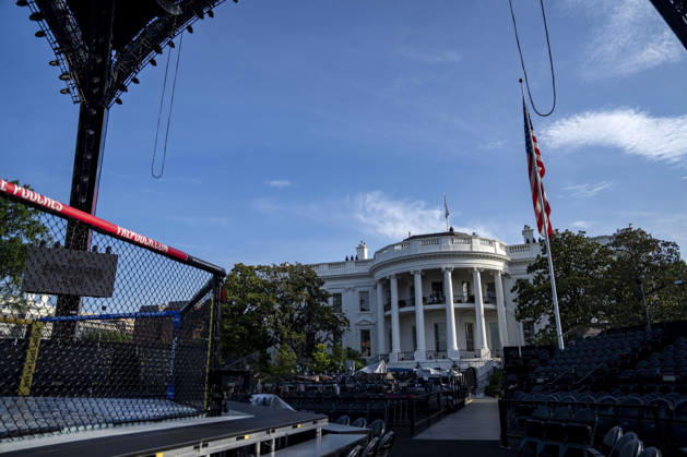The Ultimate Fighting Championship (UFC) arena is seen as preparations continue for the UFC Freedom 250 event on the South Lawn of the White House in Washington, DC on Thursday, June 11, 2026. President Donald Trump is hosting a series of fighting matches on the South Lawn on Flag Day and his 80th birthday, June 14, in honor of America s 250th birthday.  WAP20260611308 BONNIExCASH