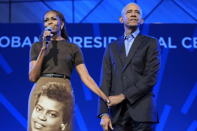 Former President Barack Obama and former first lady Michelle Obama speaking at a stakeholders event at the Obama Presidential Center, Tuesday, June 16, 2026, in Chicago, Illinois. The Obama Library officially opens to the public on Friday June 19, 2026. Pool  CHI2026061610 PabloxMartinezxMonsivais