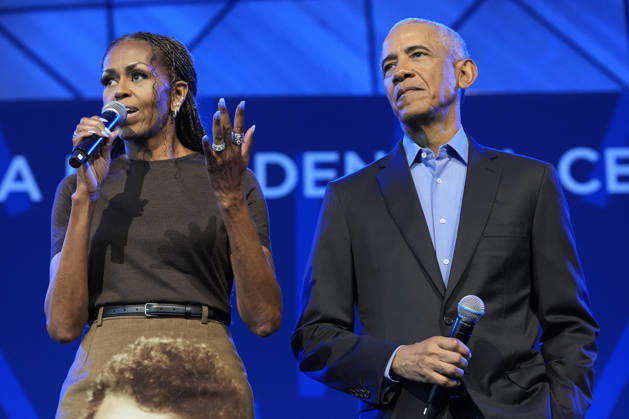 Former President Barack Obama and former first lady Michelle Obama speaking at a stakeholders event at the Obama Presidential Center, Tuesday, June 16, 2026, in Chicago, Illinois. The Obama Library officially opens to the public on Friday June 19, 2026. Pool  CHI2026061615 PabloxMartinezxMonsivais