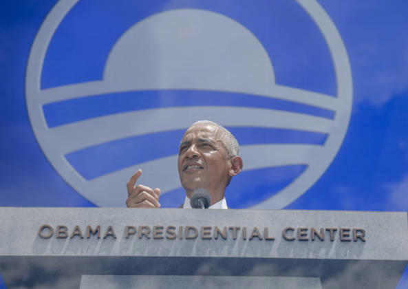 Former President Barack Obama speaks at the grand opening for the Obama Presidential Center in the center s John Lewis Plaza in Chicago, Illinois, on Thursday, June 18, 2026. The grounds open to the public on Juneteenth, June 19th.  CHI20260618862 TANNENxMAURY