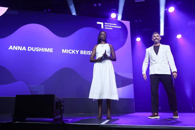 Anna Dushime and Micky Beisenherz attend the German Entertainment Award ceremony on June 18, 2026, in Cologne, Germany Deutscher Entertainment Award in Cologne, Germany