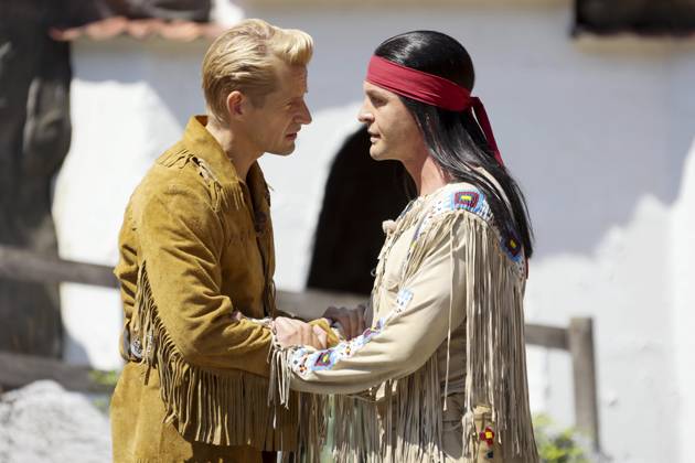 ABB KARLMAY- Bastian Semm Old Shatterhand Alexander Klaws Winnetou die Schauspieler in Maske und Kostuem am Freitag 19.06.2026 bei der Generalprobe zum Stueck Im Tal des Todes bei den Karl-May-Spielen 2026 im Indian Village am Kalkberg Die Premiere findet am 27. Juni in der Freilichtbuehne am Kalkberg in Bad Segeberg statt Schleswig-Holstein Deutschland