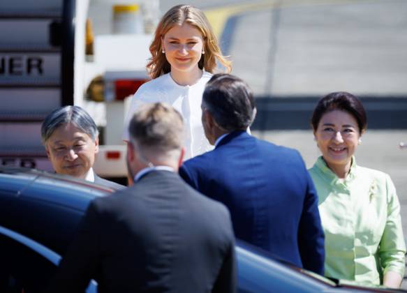Japanese Emperor Naruhito, Crown Princess Elisabeth and Japanese Empress Masako pictured during the arrival at Melsbroek military airport for an official state visit of the Japanese Emperor and Empress to Belgium, on Saturday 20 June 2026, in Brussels. The Emperor and Empress of Japan visit Belgium from June 20-25.  BENOITxDOPPAGNE 178458938