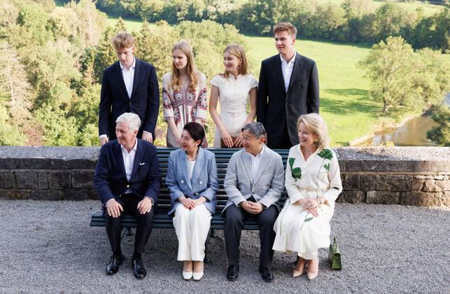 (First Row) King Philippe - Filip of Belgium, Japanese Empress Masako, Japanese Emperor Naruhito, Queen Mathilde of Belgium, (Second Row) Prince Emmanuel, Princess Eleonore, Crown Princess Elisabeth and Prince Gabriel pose for photographers during the family picture at the Royal Domain of Ciergnon during the official state visit of the Japanese Emperor and Empress to Belgium, on Sunday 21 June 2026, in Ciergnon. The Emperor and Empress of Japan visit Belgium from June 20-25.  POOLxBENOITxDOPPAGNE 178639117