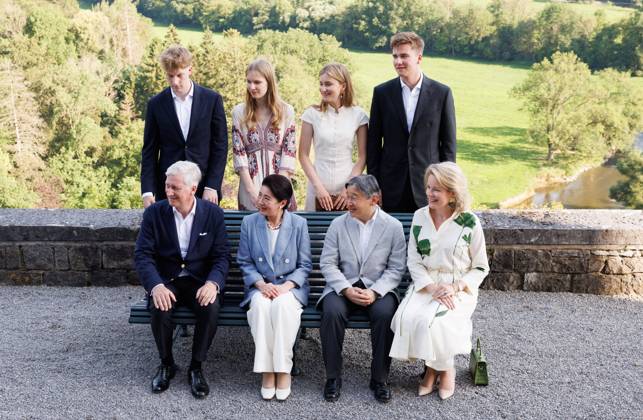 State Visit Of The Emperor And The Empress Of Japan to Belgium (First Row) King Philippe - Filip of Belgium, Japanese Empress Masako, Japanese Emperor Naruhito, Queen Mathilde of Belgium, (Second Row) Prince Emmanuel, Princess Eleonore, Crown Princess Elisabeth and Prince Gabriel pose for photographers during the family picture at the Royal Domain of Ciergnon during the official state visit of the Japanese Emperor and Empress to Belgium, on Sunday 21 June 2026, in Ciergnon. The Emperor and Empress of Japan visit Belgium from June 20-25. BELGA PHOTO POOL BENOIT DOPPAGNE Houyet Belgium  Copyright: xPoolxBenoitxDoppagnex