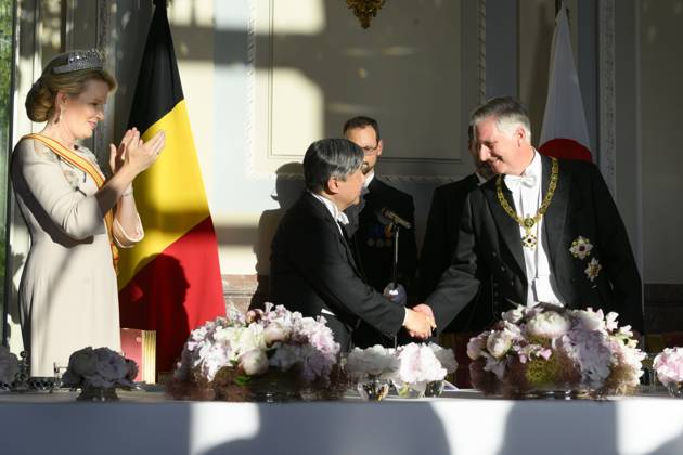 State Visit of the Emperor and the Empress of Japan to Belgium BRUSSELS, BELGIUM - JUNE 23 : King Philippe of Belgium, Queen Mathilde of Belgium and Emperor Naruhito of Japan pictured during the State Banquet at Laeken Castle during the State Visit of the Emperor and Empress of Japan to Belgium, on June 23, 2026 in Brussels, Belgium, 23 06 2026 Brussels Belgium  Copyright: xPhilipxReynaersx