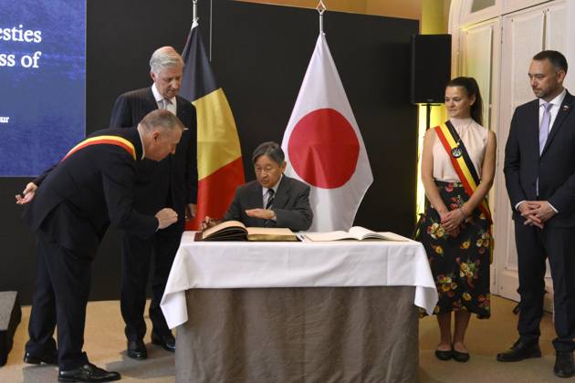 State Visit of the Emperor and the Empress of Japan to Belgium NAMUR, BELGIUM - JUNE 24 : King Philippe - Filip of Belgium, Emperor Naruhito of Japan and Maxime Prevot (Les Engages), Deputy Prime Minister and Minister of Foreign Affairs foreign of Federal Government pictured at the Castle of Namur (Signature of the Golden Book) during the state visit of the Emperor and Empress of Japan to Belgium, on June 24, 2026 in Namur, Belgium, 24 06 2026 Namur Belgium  Copyright: xPhilipxReynaersx
