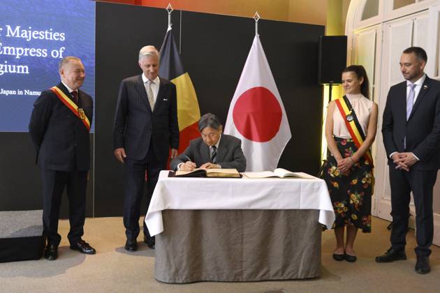 State Visit of the Emperor and the Empress of Japan to Belgium NAMUR, BELGIUM - JUNE 24 : King Philippe - Filip of Belgium, Emperor Naruhito of Japan and Maxime Prevot (Les Engages), Deputy Prime Minister and Minister of Foreign Affairs foreign of Federal Government pictured at the Castle of Namur (Signature of the Golden Book) during the state visit of the Emperor and Empress of Japan to Belgium, on June 24, 2026 in Namur, Belgium, 24 06 2026 Namur Belgium  Copyright: xPhilipxReynaersx
