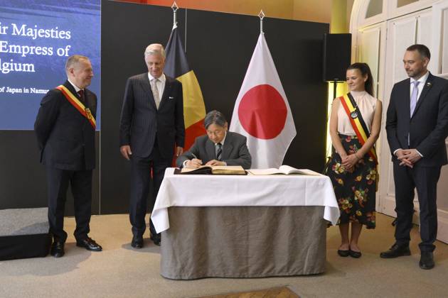 State Visit of the Emperor and the Empress of Japan to Belgium NAMUR, BELGIUM - JUNE 24 : King Philippe - Filip of Belgium, Emperor Naruhito of Japan and Maxime Prevot (Les Engages), Deputy Prime Minister and Minister of Foreign Affairs foreign of Federal Government pictured at the Castle of Namur (Signature of the Golden Book) during the state visit of the Emperor and Empress of Japan to Belgium, on June 24, 2026 in Namur, Belgium, 24 06 2026 Namur Belgium  Copyright: xPhilipxReynaersx