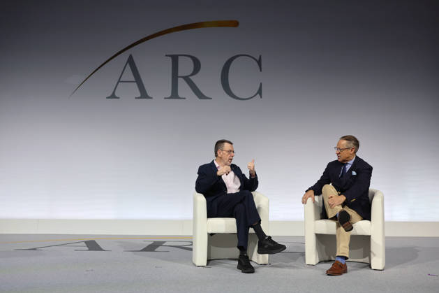 Greg Sheridan (left) and Eric Metaxas onstage at the Alliance for Responsible Citizenship Conference 2026. Image Licensed to Parsons Media. 25 06 2026. London, United Kingdom. The Alliance for Responsible Citizenship Conference 2026.  Copyright: xAndrewxParsonsx xParsonsxMediax PAR-9218-0044