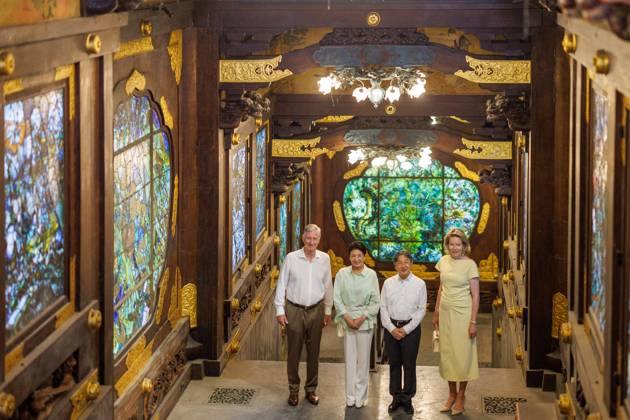 King Philippe - Filip of Belgium, Japanese Empress Masako, Japanese Emperor Naruhito and Queen Mathilde of Belgium pictured at a visit to the Japanese Tower in Laken - Laeken, Brussels, during an official state visit of the Japanese Emperor and Empress to Belgium, on Thursday 25 June 2026. The Emperor and Empress of Japan visit Belgium from June 20-25.  POOLxOLIVIERxMATTHYS 179222763