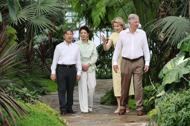 Japan emperor, empress in Brussels Japanese Emperor Naruhito (far L) and Empress Masako (2nd from L) take a stroll with Belgian King Philippe and Queen Mathilde in a botanical garden at the Palace of Laeken in Brussels on June 25, 2026. (Pool photo)  A14AA0005620187P