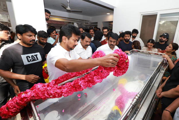 RECORD DATE NOT STATED Tamil Nadu LoP Udhayanidhi Stalin pays homage to late film director and actor K. Bhagyaraj Chennai, Jun 27 (ANI): Tamil Nadu LoP Udhayanidhi Stalin pays tribute to the mortal remains of late film director and actor K. Bhagyaraj, in Chennai on Saturday. (@Udhaystalin X ANI Photo) Chennai Tamil Nadu India Copyright: xANIx ANI_20260627208