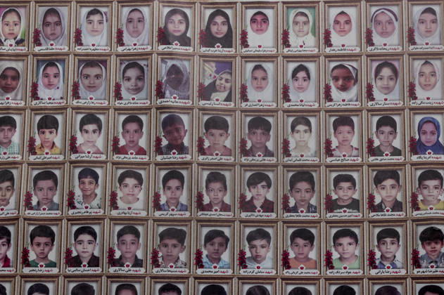 Iran Minab School Airstrikes Aftermath June 2026 Framed portraits of children are displayed on a wall in Minab, Hormozgan Province, Iran, on June 6, 2026. The children were killed when the Shajareh Tayyebeh Elementary School was hit by a missile strike on February 28, 2026, marking the first day of the USA-Israel war against Iran. The attack killed 156 civilians, including 120 schoolchildren. Minab Hormozgan Iran Copyright: xLaurinxStrelex