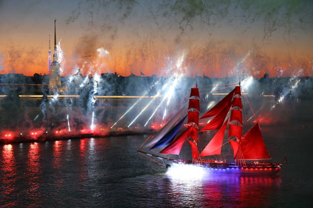 Russia Scarlet Sails Show 9196787 28.06.2026 Brig Rossiya (Russia) sails along the Neva River during the Scarlet Sails (Alye Parusa) Festival, an annual event for high school graduates, in St. Petersburg, Russia. Artem Pryakhin Sputnik St. Petersburg Russia  Copyright: xArtemxPryakhinx