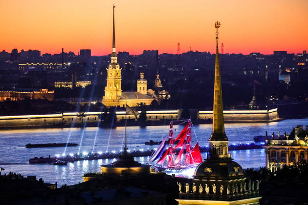 RUSSIA, ST PETERSBURG - JUNE 28, 2026: The Rossiya brig sails the Neva River during the Scarlet Sails festival, an annual celebration for secondary school leavers. Yevgeny Messman TASS  94386748
