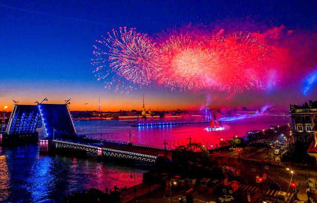 RUSSIA, ST PETERSBURG - JUNE 28, 2026: Fireworks go off as the Rossiya brig sails the Neva River during the Scarlet Sails festival, an annual celebration for secondary school leavers. Alexander Melekhov TASS  94388084
