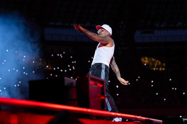 June 27, 2026, Naples, Italy: Emanuele Palumbo aka Geolier, performs live on stage at Diego Armando Maradona Stadium during the Geolier STADI 2026 Tour. Naples Italy  - ZUMAs197 20260627_aaa_s197_185 Copyright: xAndreaxGulx