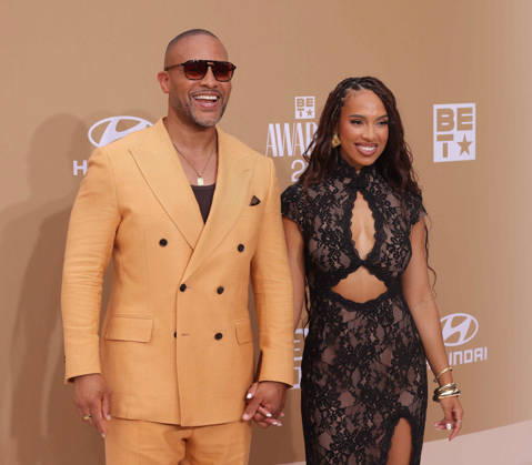 (L-R) DeVon Franklin and Maria Castillo arrive on the red carpet for 26th annual BET Awards live telecast at the Peacock Theater in Los Angeles on Sunday, June 28, 2026. The BET Awards honors Black entertainers and other people of color in music, film, sports and philanthropy.  LAP20260628264 GREGxGRUDT