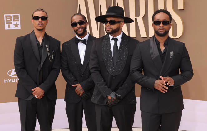 (L-R) Lil Fizz, Omarion, Raz-B and J-Boog of B2K arrive on the red carpet for 26th annual BET Awards live telecast at the Peacock Theater in Los Angeles on Sunday, June 28, 2026. The BET Awards honors Black entertainers and other people of color in music, film, sports and philanthropy.  LAP20260628341 GREGxGRUDT
