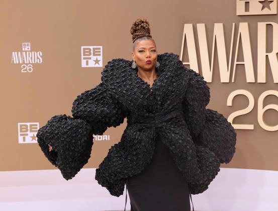 Queen Latifah arrives on the red carpet for 26th annual BET Awards live telecast at the Peacock Theater in Los Angeles on Sunday, June 28, 2026. The BET Awards honors Black entertainers and other people of color in music, film, sports and philanthropy.  LAP20260628371 GREGxGRUDT