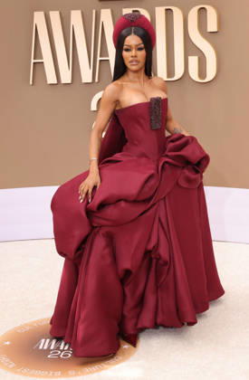 Teyana Taylor arrives on the red carpet for 26th annual BET Awards live telecast at the Peacock Theater in Los Angeles on Sunday, June 28, 2026. The BET Awards honors Black entertainers and other people of color in music, film, sports and philanthropy.  LAP20260628386 GREGxGRUDT